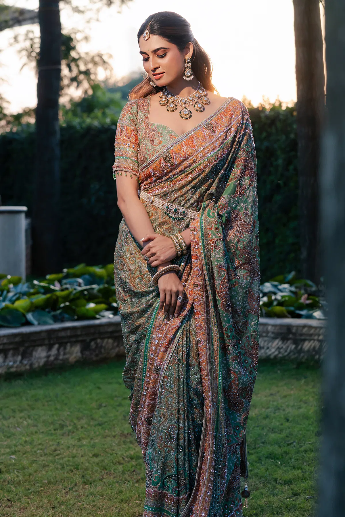 Mint green printed crepe designer saree